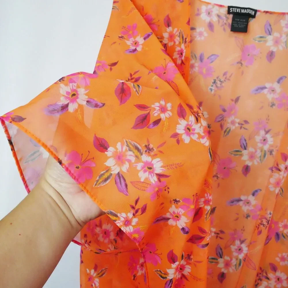 Steve Madden Womens One Size Orange Pink Ruana Coverup Open Front Kimono
